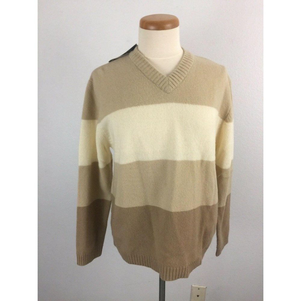 North West Blue Women's M V-Neck Lambswool Knit Sweater Neutral Stripe NWT